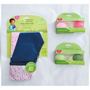 Snap & Go Long Sleeve Girl Bib and Rattle Set - Green and Pink